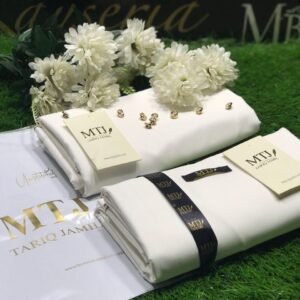 Premium Men's White Boski Suit. Unstitched 4-meter fabric with 8 buttons and brand tag included. Perfect for all seasons and formal occasions.