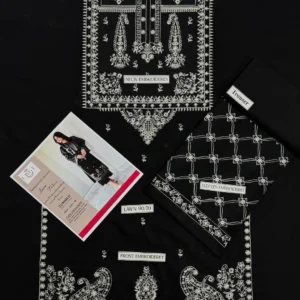 Buy this premium 2 Pcs Black Embroidered Dhanak Suit. Features embroidered front, neck, and sleeves with plain trousers. Perfect for winter style.