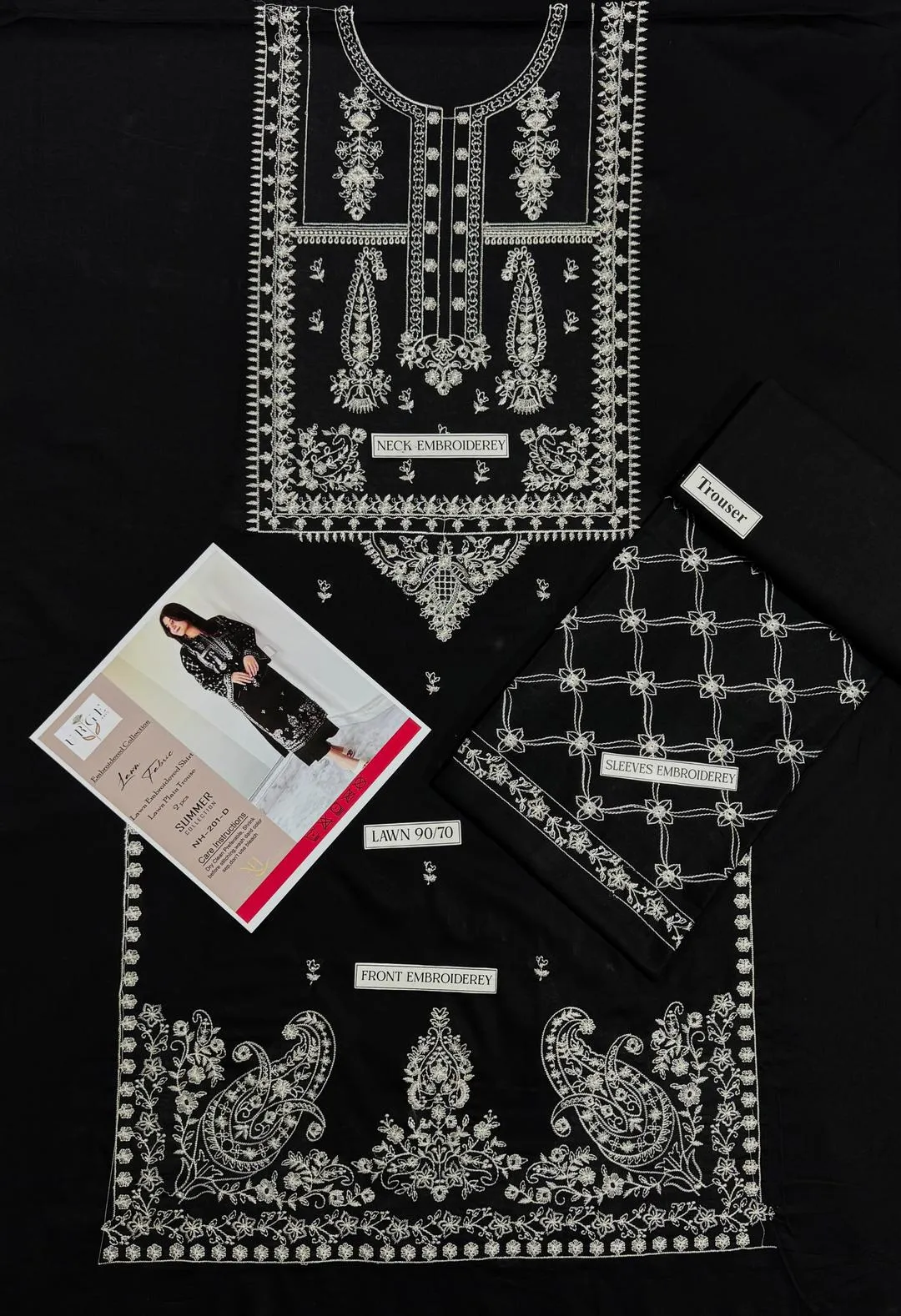 Buy this premium 2 Pcs Black Embroidered Dhanak Suit. Features embroidered front, neck, and sleeves with plain trousers. Perfect for winter style.