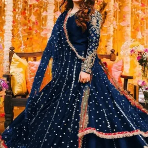 Buy Women Silk Maxi Suit with heavy mirror work & pearl chiffon dupatta in Pakistan. Best price 3-piece Pakistani party wear dress at WAQEEN.
