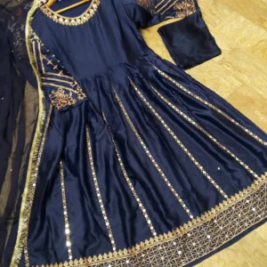Buy Women Silk Maxi Suit with heavy mirror work & pearl chiffon dupatta in Pakistan. Best price 3-piece Pakistani party wear dress at WAQEEN.