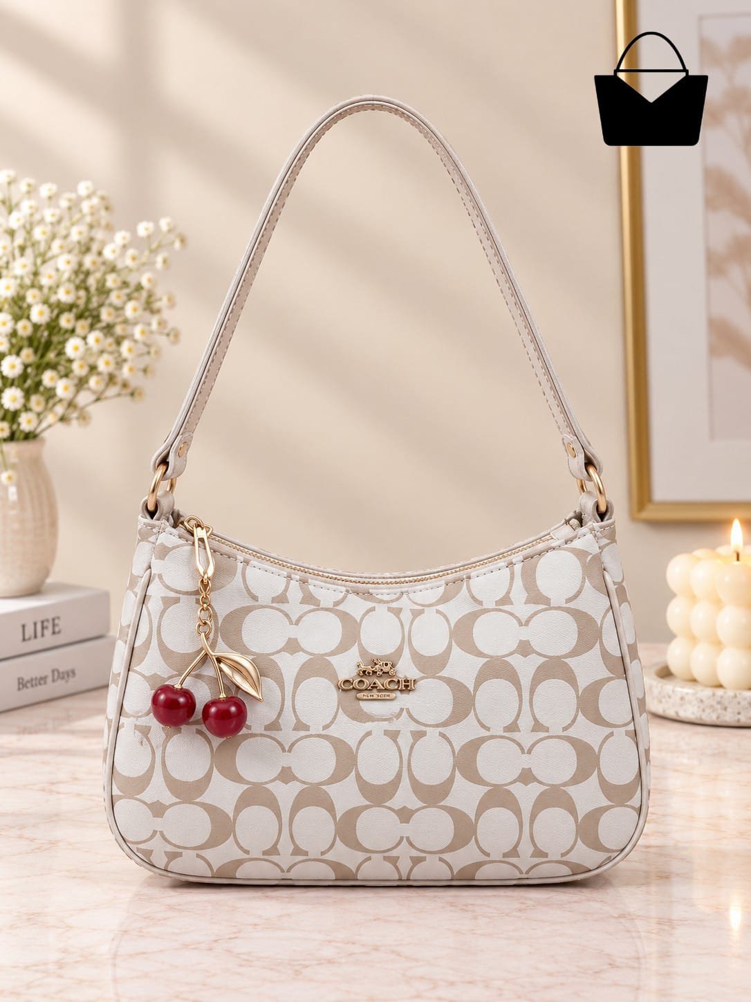 Coach Cherry Curved Shoulder Bag #1 Designer Beige PK - Image 4